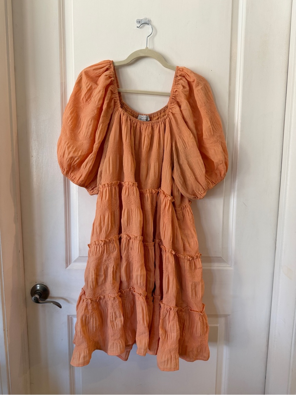 Puff-Sleeve Tiered Mini Dress in Coral